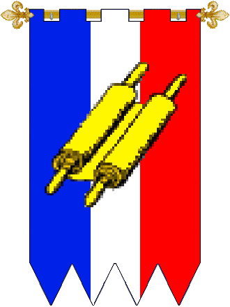 House of Hospitaler
Per pale Azure and Gules, a pale Argent and over all a scroll closed Or. Hospitaler