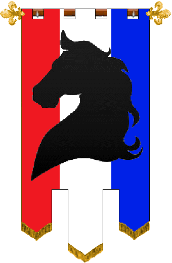 Della Testa dei Cavalli
Per pale Gules and Azure, a pale Argent surmounted by a horse's head couped Sable. Della Testa dei Cavalli