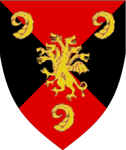 Per saltire gules and sable, a seven headed hydra rampant between three ram's horns Or If no image is displayed, please contact your local SoA.
