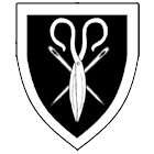 Sable, two needles in saltire surmounted by a pair of scissors closed and inverted within a bordure Argent. If no image is displayed, please contact your local SoA.
