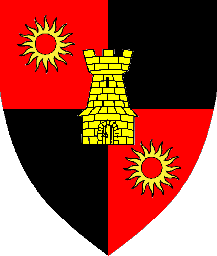  arms: Quarterly Gules and Sable, a tower between in bend two suns eclipsed Or.