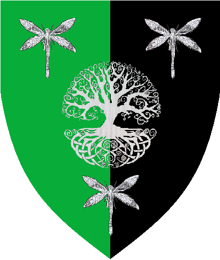  arms: Per pale Vert and Sable, an oak tree blasted and eradicated between three dragonflies Argent.