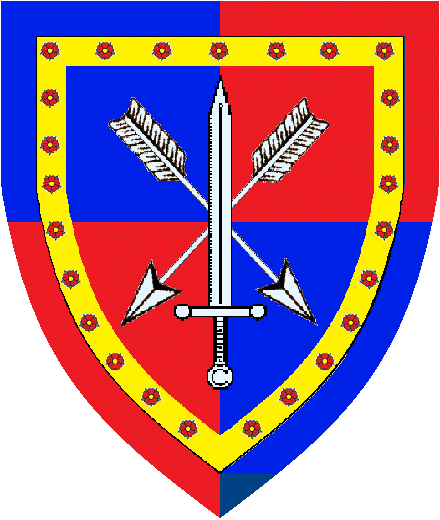  arms: Quarterly Azure and Gules, two arrows in saltire surmounted by a sword Argent within an orle Or semi of roses Proper.