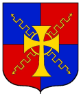 Quarterly Azure and Gules, two lightning bolts in saltire surmounted by a celtic cross Or If no image is displayed, please contact your local SoA.
